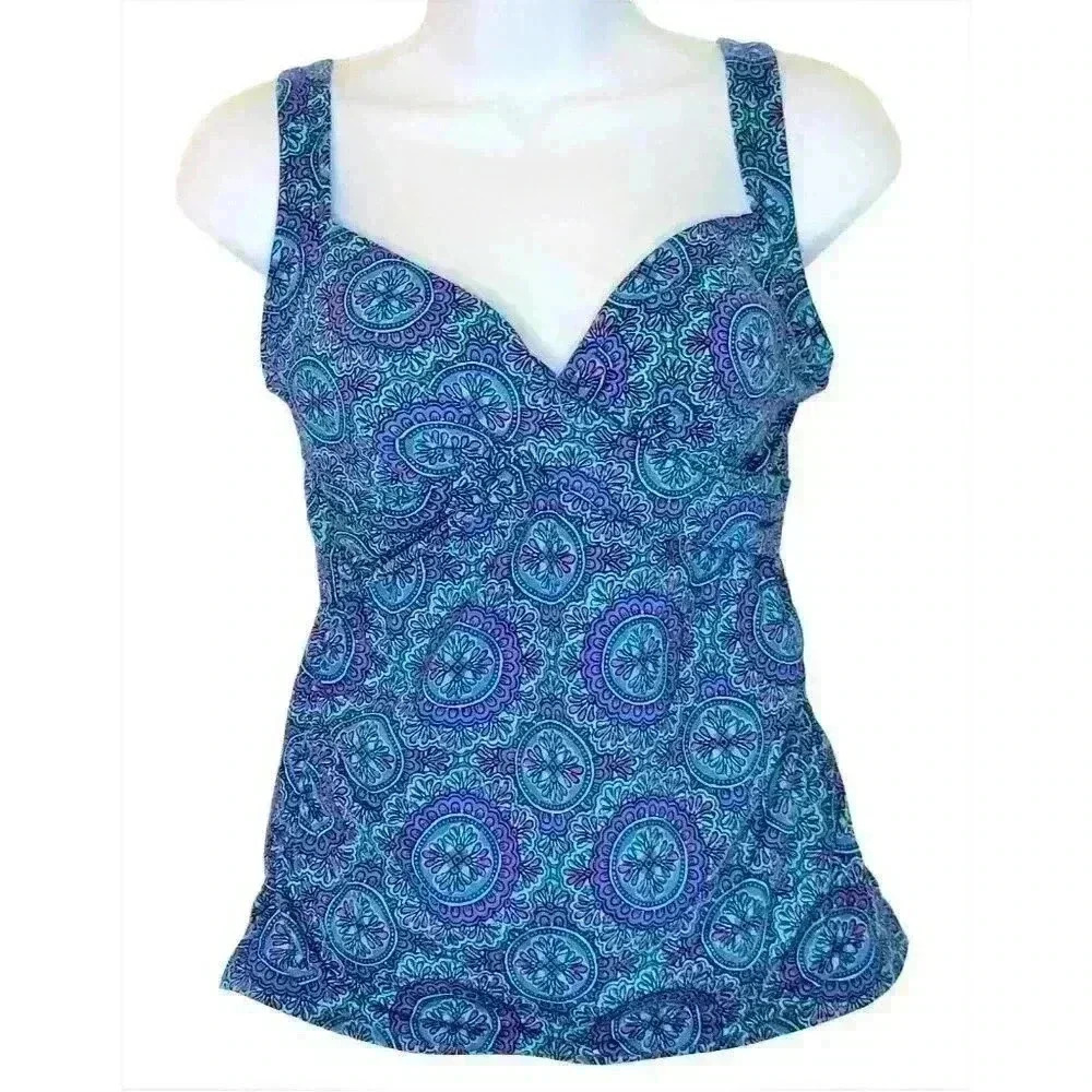Lands' End tankini top size 4D blue built-in underwire bra blue paisley